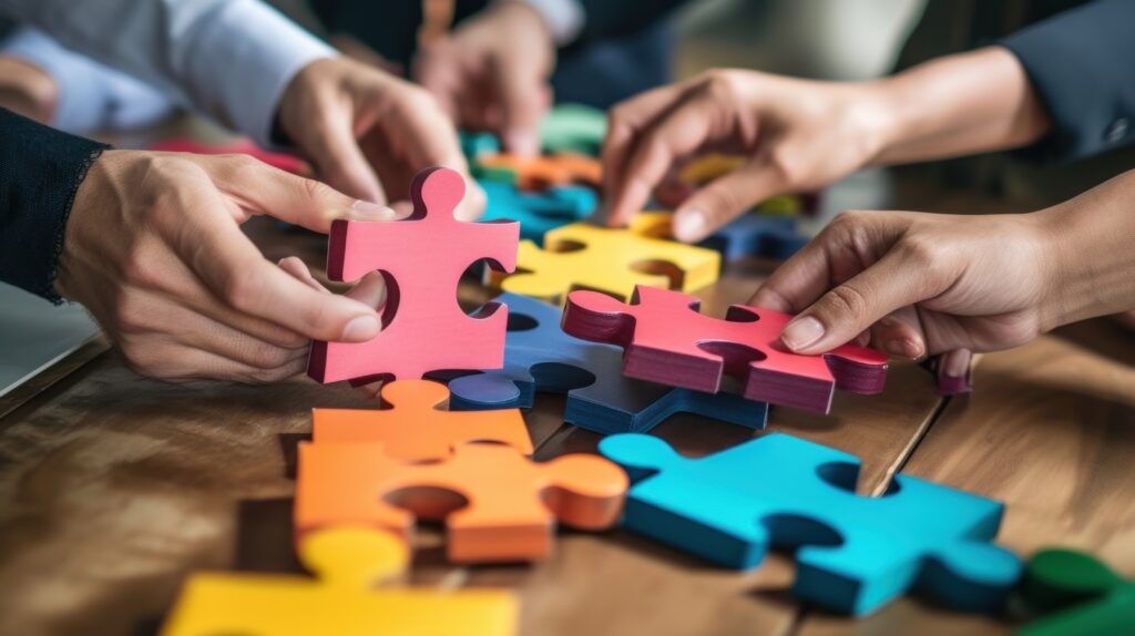 Coworkers connecting puzzle pieces during a team building exercise