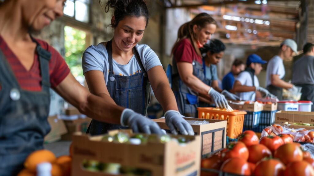 Volunteers organizing and distributing groceries at a food bank
